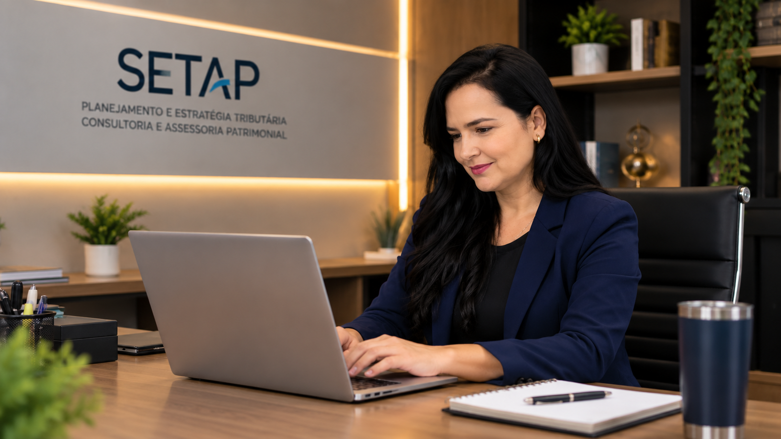 Luci Rodrigues trabalhando em seu escritório na SETAP